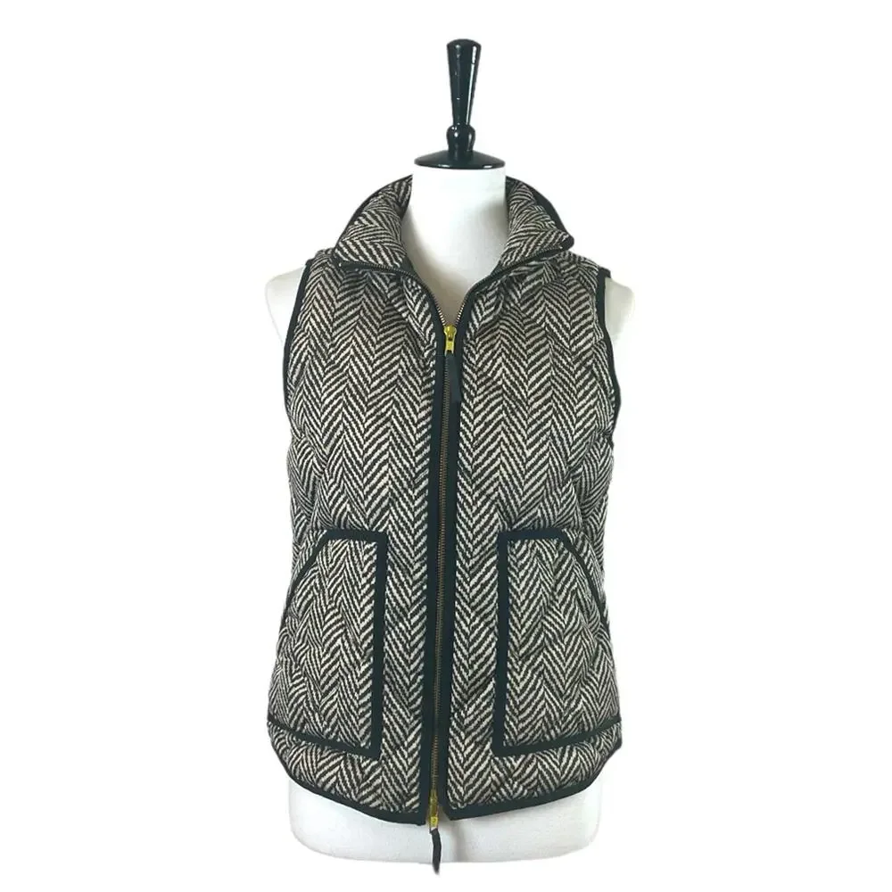 J.Crew Vest Down Filled Quilted Puffer Herringbone Black Tan Women’s Size Small